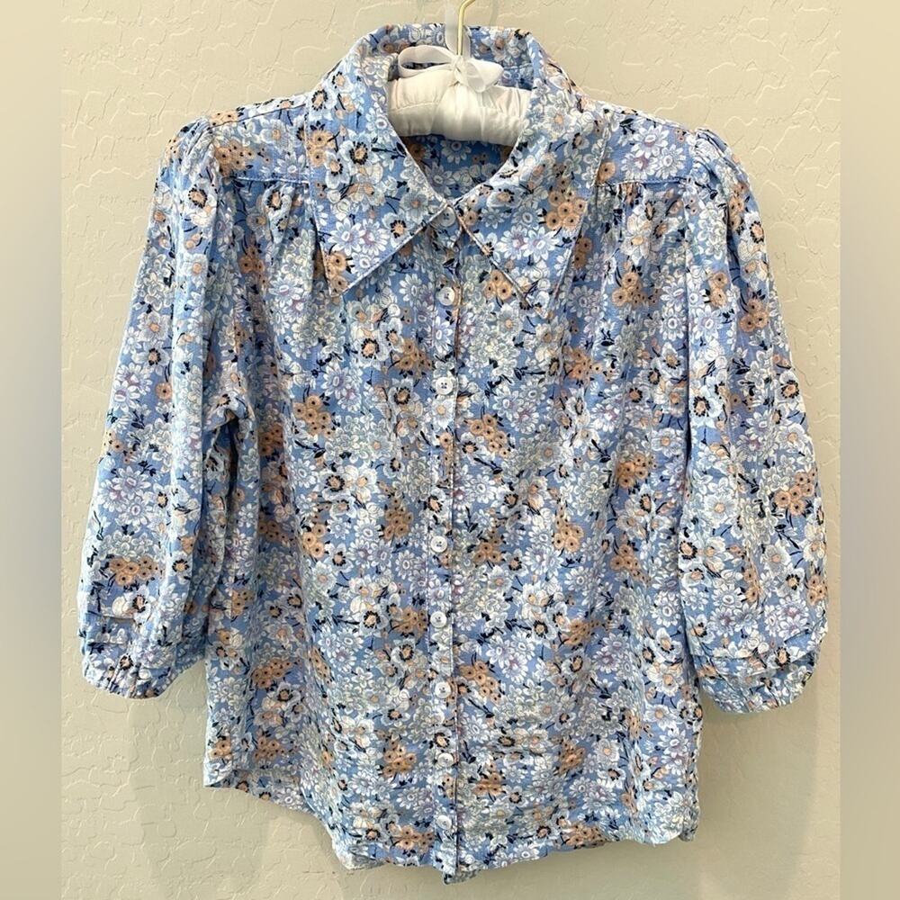 FREE PEOPLE | Happy Days Blouse Blue Floral Collared Puff Sleeve Top | XS
